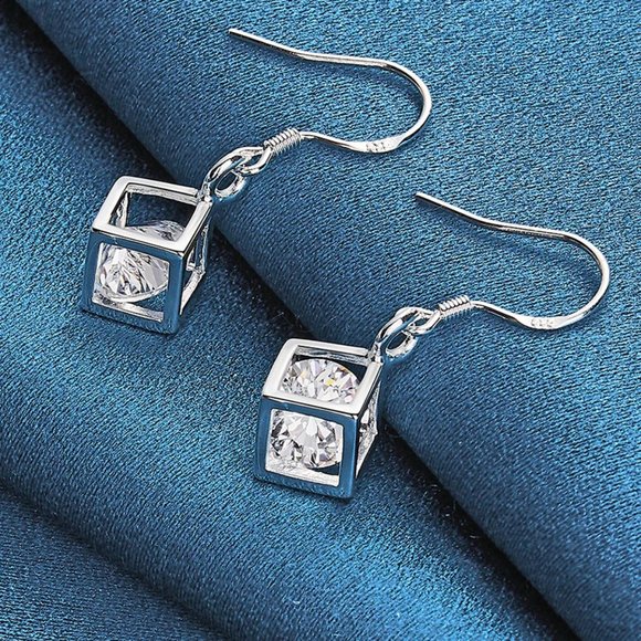 Boxed Inlayed Cubic Zirconia Drop Earrings Solid 925 Sterling Silver - Picture 2 of 5